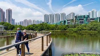 The natural environment of the Wetland Park creates a stark contrast to the urban setting behind, forming a picturesque scene of an urban oasis.